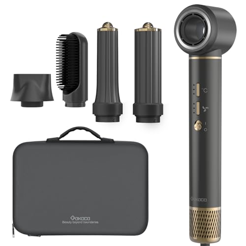 Secador de Pelo Profesional 5 en 1 - Boquillas + Cepillo + Rizador de Pelo, iónico Negativos Secador Kit 1600W Poco Ruido, Temperatura Ajustable y Velocidades para Rizar, Voluminizar y Alisar, Gris