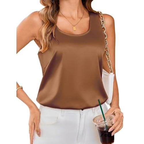 Totatuit Women Silk Satin Tank Tops Dressy Scoop Neck Camisole Sleeveless Blouses Shirts Casual Summer Tank Caramel Small