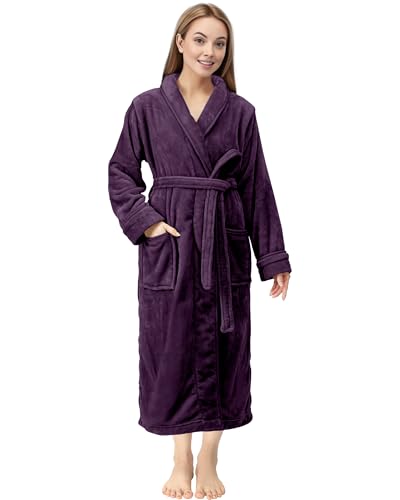 NY Threads Premium Women's Robe Plush Soft Long Bathrobe Warm Fleece Shawl Collar Spa Robe (Medium, Plum)