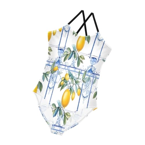 Sicilian Italian Style Lemons White Girls' One-Piece Swimwear with Adjustable Shoulder Strap, Beach Swimwear, 3-104