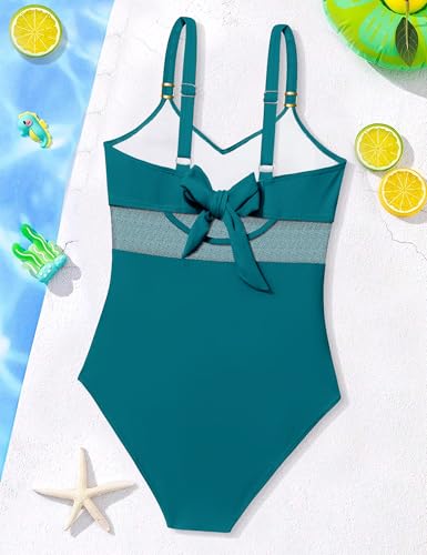 Image of Girls Swimsuit Criss Cross One Piece Swimsuits Wrap Tie Back Sheer Mesh Bathing Suit with Gold Metal Swimwear 9-16Y
