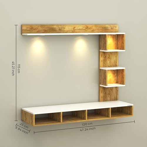 Image of Anikaa Kirina Engineered Wood Wall Mount TV Unit with LED Lights TV Cabinet TV Entertainment Unit Set Top Box Stand (Giantwood /White) (Ideal for 43 Inch)(D.I.Y)