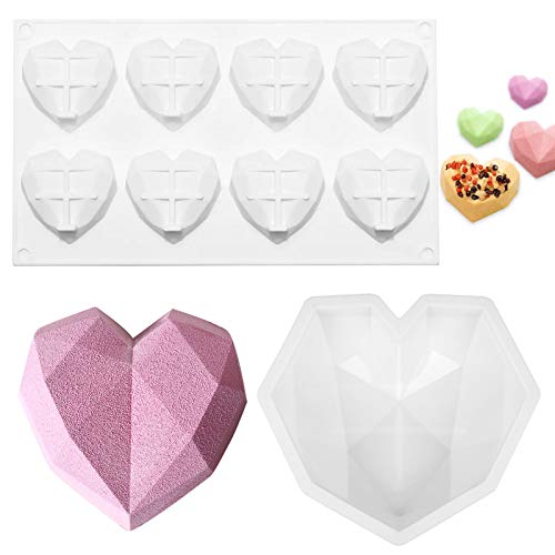 Diamond Heart Mousse Cake Mold Trays, 2 Pack Heart Shape Silicone Cake Mold Dessert Baking Pan Silicone Fondant Mold for Home Kitchen Baking Chocolate Fondant Wedding Engagement Valentines Day