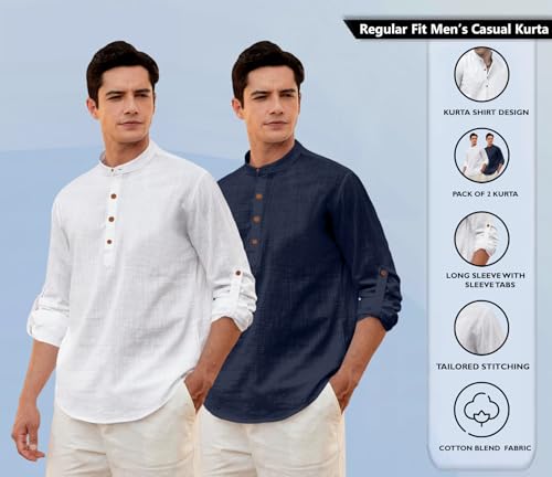Image of Zombom Men's Combo Cotton Polyester Blend Solid Full Sleeve Straight Regular Fit Mandarin /Chinese Collor Kurta (Pack of 2)