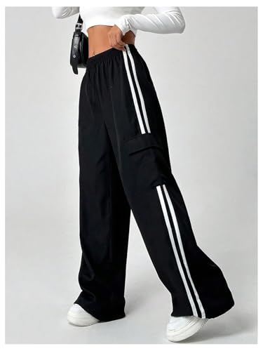SHENHE Girl's Cargo Pants Wide Leg Side Stripe Baggy Track Pants Workout Athletic Trousers3