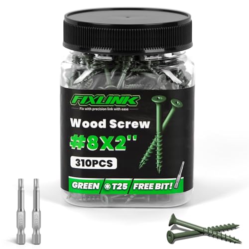 Image of Wood Screws 2 Inch, FIXLINK Deck Screws #8 x 2, 310 PCS, Epoxy Coated, T25 Star Bit Above 1500 Hour Salt Spray Coating Outdoor Decking Screws Excellent Rust Resistant for Wood Fence, Green