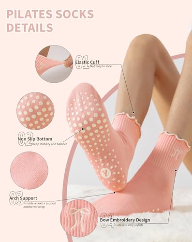 Image of Yawlsow Cute Pilates Grip Socks for Women Ruffle Frilly Yoga Socks Non Slip Cotton Crew Grippy Sock for Barre Workout