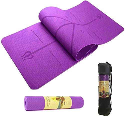 TEALP Purple Yoga Mat Women Girl Non Slip, Pilates Fitness Mats with Alignment Marks, Eco Friendly, Anti-Tear Yoga Mats for Women, 1/4