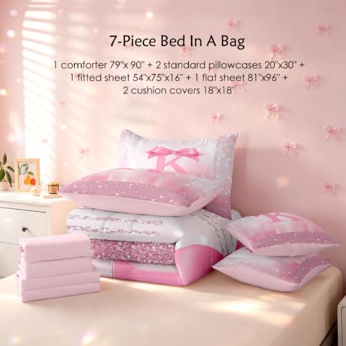 Image of Feelyou Kids Pink Bowknot 7 Pieces Bedding Set Full Size, Personalized Initial K Bed in A Bag Princess Glitter Comforter Set with Sheets Boys Girls Bow Alphabet Teens Bed Set Bedroom Decor 7Pcs