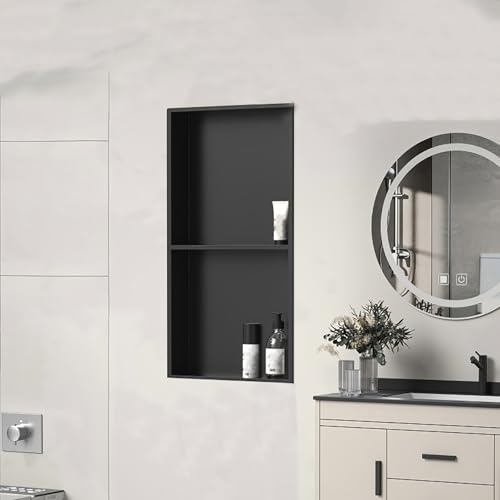 Nicho de Ducha Empotrable, Nicho de Baño, Nicho de Ducha Montado en la Pared de Acero Inoxidable, Estantería para Baño, Estante de Almacenamiento Empotrado(Negro,28 x 70 x 12.5 CM)