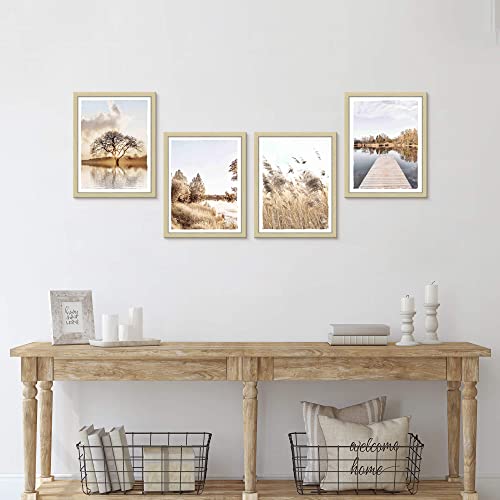 Lake Wall Art Framed Decor: Modern Living Room Bedroom Tree Sunset Landscape Picture Vintage Nature Forest Scenery Painting 4 Piece Neutral Wheat Field Print Contemporary Pier Artwork #TOP4