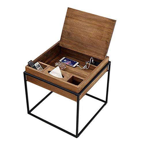 ShAzanz Mesa Auxiliar Mesita de Noche Industrial, con función de Enchufe de Carga, con Caja de pañuelos, Soporte de Marco de Metal for mesita de Noche, Mesa con Tapa abatible Montaje Sencillo