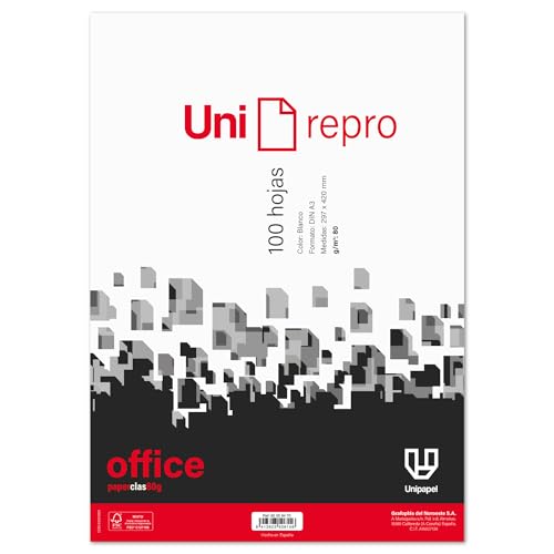 Unipapel, Paquete de 100 Folios A3 Lisos de 80g Uni Repro Office, Papel Superresistente para Impresiones en Oficinas, Escuelas y Hogares, Certificado FSC