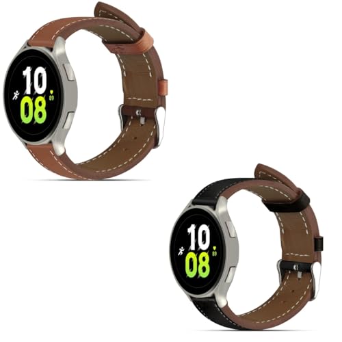 Italy Genuine Leather Watch Bands Compatible with Samsung Galaxy7 6 5 4 40mm 44mm, 5 Pro 45mm, 6 4 Classic Active 2, 20mm Quick Release Leather Watch Straps Replacement Band for Women Men(Pack Of 2)