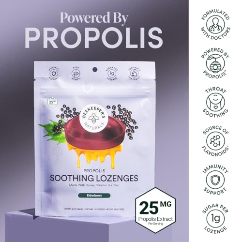 Image of Beekeeper's Naturals Soothing Honey Elderberry Cough Drops Immune Support with Vitamin D, Zinc and Propolis Throat Soothing Lozenges, 14 Ct