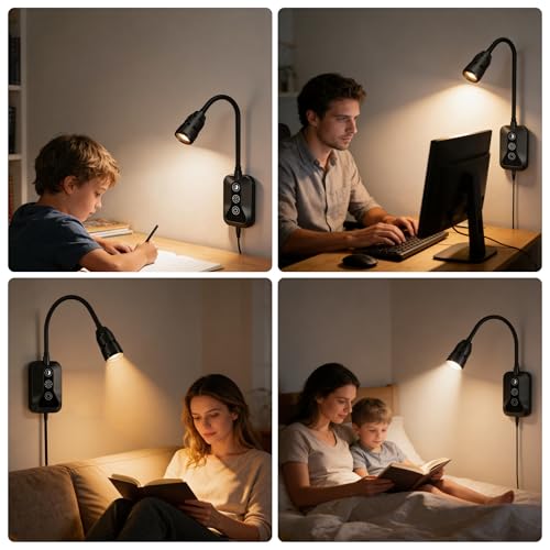 Image of LED Wall Mounted Reading Light with Wave Sensor /Touch Switch, 5 Color & 5 Level Dimmable Touch Bed Lights for Reading with USB C Output, Eye-Care Bedside Reading Light for Bed,Heaboard (Black)