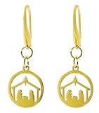 Handmade Christmas Earrings, Golden Laser Cut Stainless Steel Nativity Scene on Golden Surgical Stainless Steel Ear Wires