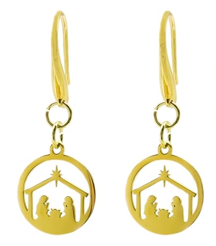Handmade Christmas Earrings, Golden Laser Cut Stainless Steel Nativity Scene on Golden Surgical Stainless Steel Ear Wires