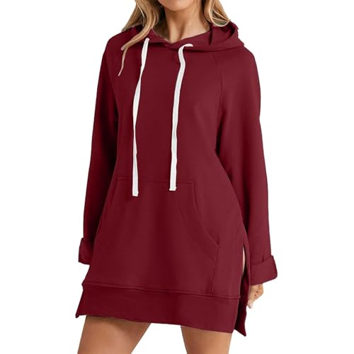 YuchiFa Oversized Hoodie Dress for Women Long Sleeve Pullover Split Hem Hooded Sweatshirt with Pocket Casual Fall Winter Outfit (Claret,S)