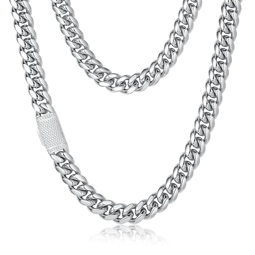 Cysnuc 12mm �w�r�[14K�z���C�g�S�[���h���b�L �}�C�A�~�L���[�o�����N�`�F�[�� 316L �X�e�����X�X�`�[�� ����l�b�N���X �`���[�J�[ ��h���� �q�b�v�z�b�v�W���G���[ �j�����p �M�t�g�{�b�N�X�t��, 22 Inches, �X�e�����X�|, �L