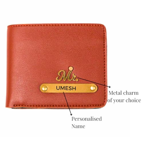 Image of ncgifts Men's Customized Wallet I Personalised Slim Stylish Leather Purse with Name & Charm I Unique Birthday Anniversary Gift for Men Boy Love Husband Employees Clients (Tan)