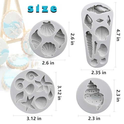 Image of Sakolla Marine Theme Fondant Molds, 4 PCS Seashell Conch Starfish Baking Silicone Molds for Cake Decoration Chocolate Soap Crafting