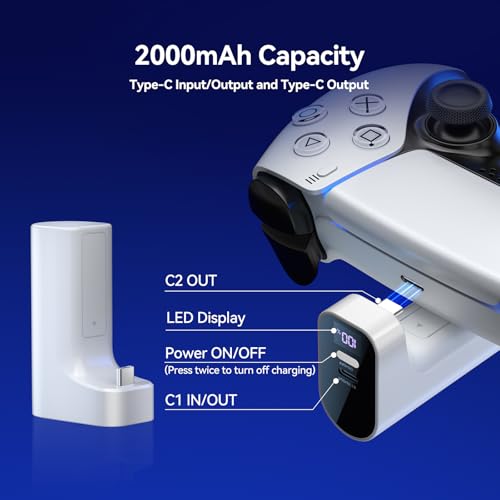 LVFAN PS5 Wireless-Controller-Ladegerät, 2000-mAh-Akku mit digitaler LED-Ladeanzeige, tragbare Powerbank für PS5-Controller und PS5 Edge-Controller 3