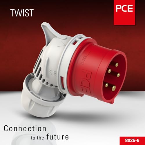 PCE 8025-6 wtyczka kątowa CEE, 32 A, 5-biegunowa, 6 h, IP44, Twist, czerwona, 400 V, kątowa wtyczka przemysłowa CEE, ochrona przed rozbryzgami wody, wtyczka CEE do warsztatu, generatora i przyczepy