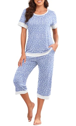 PrinStory Women's Pajama Set Short Sleeve Shirt and Capri Pants Sleepwear Pjs Sets Lounge Set2