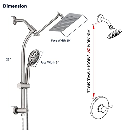 Uclimaa Rainfall 8 Inch Shower Head With High Pressure Handheld Spray Combo, Drill-Free Slide Bar With Adjustable Shower Extension Arm, 3-Way Low Diverter For Easy Reach, 5Ft Hose- Brushed Nickel #TOP6