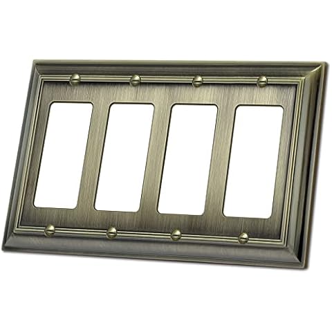 BESTTEN 4 Gang Zinc Alloy Aged Brass Metal Decor Wall Plate, Grand Collection Decorator Antique Brass Outlet Cover for Switch or Receptacle, Durable Corrosion Resistant Cover
