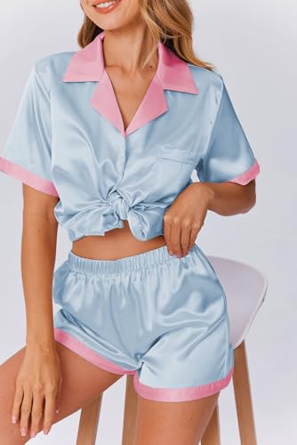 Image of Ekouaer Womens Silk Satin Pajama Set Short Sleeve PJs 2 Piece Button Down Top and Shorts Notch Collar Sleepwear Sets Soft Pjs