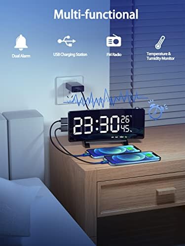 PEYOU Projection Alarm Clock, FM Radio Alarm Clocks Bedside with [3-Color Digital Display], Temperature & Humidity, 2 USB Charging Port, 4 Dimmers, Snooze, Digital Clock for Bedroom/Office/Kids/Gift
