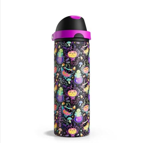 Image of Insulated Water Bottle with Straw - Encool Stainless Steel Water Bottle with Push Button Lid, Leak-Proof & BPA-Free, Keeps Cold for 24 Hours for Sports, Travel, Gym (24 oz, Meowgic Night)