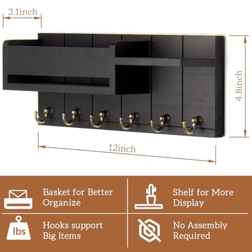 Image of Supvox Wooden Key Holder Wall Mount Rack Stylish Black for Home 12x4.8 Inch
