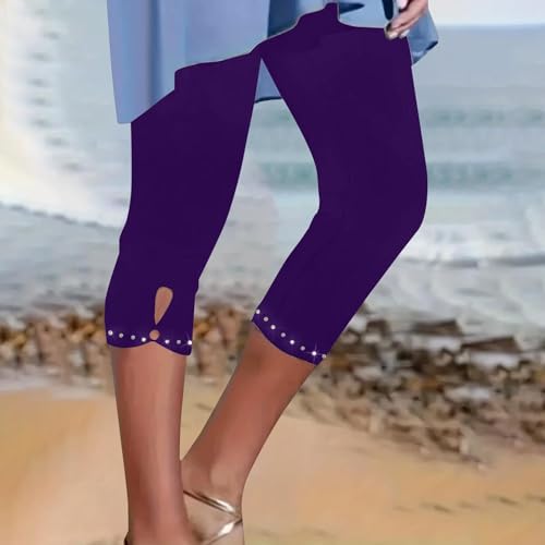 2025 Summer Plus Size Women's High Waisted Rhinestone Hem Capri Leggings