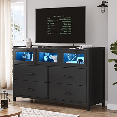 Aogllati Dresser For Bedroom, Chest Of Drawers With Led Lights, 7 Dresser, Wide Storage Organizer Unit Wood Frame And Wooden Drawers, Entryway, Closet 7 Drawer-Black #TOP1