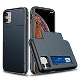 【SUMart】iPhone 11 用 ケース カード収納 スライド式 カードホルダー 耐衝撃 デュアルレイヤー ハイブリッド ウォレットケース ハード カバー (iPhone 11 6.1インチ, ネイビー)
