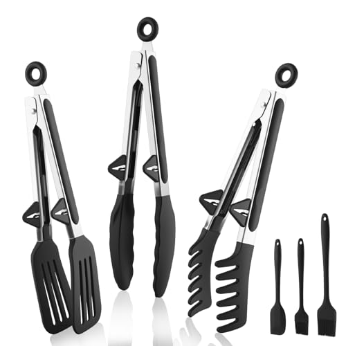 Zosenyer 6 Pièces Pince Cuisine Silicone, Pince de Cuisine Résistante à La Chaleur Barbecue Inox avec Verrou Sécurité avec 2 Pinceau Cuisine et Spatule Silicone, Alimentaire Spaghetti Air Fryer Viande