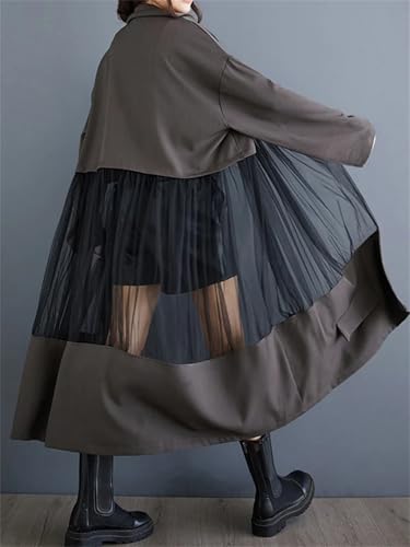 Women Mesh Patchwork Long Coat Solid Buttons Pockets Lapel Long Sleeve Loose Casual Jacket3