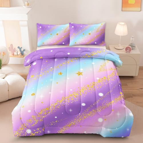 HICAND 3 Pcs Full Bedding Sets for Girls, Purple Glitter Rainbow Full Size Bed Set, Stars Galaxy Bedding Comforter Set for Girls