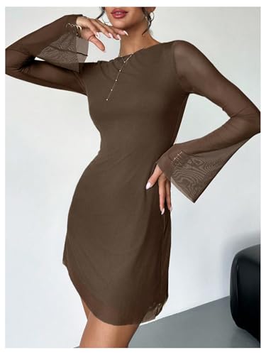 Image of GORGLITTER Women's Bell Long Sleeve Mini Dress Y2k Fall 2025 Mesh Boat Neck Going Out Club Bodycon Short Dress