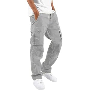 HUNGSON Mens Cargo Pants Drawstring Casual Hiking Pants Joggers Athletic Trousers Cotton Loose Straight Sweatpants for Men