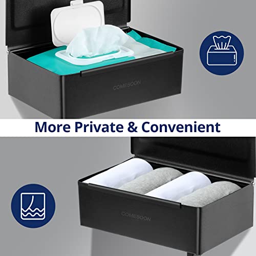 Toilet Paper Holder With Shelf Upgraded Up To 6" Dia Rolls Available, Flushable Wipes Dispenser With Storage, Stainless Steel Wall Mount Bathroom Organizer - Matte Black, Large, Hidden Your Wet Wipes #TOP2
