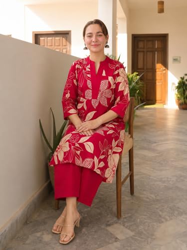 Image of GoSriKi Co Ord Set for Women Viscose Printed | Kurti Set for Woman | Straight Kurta Palazzo Co Ord Set | 2 Piece Set Women | 3 /4 Sleeve V-Neck Suit Set Stylish Ethnic Outfit Clothing
