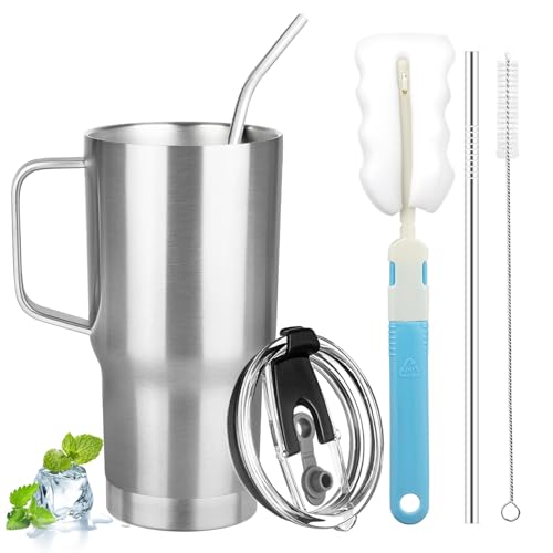 Image of 20 oz Tumbler with Handle, Stainless Steel Insulated Tumbler with Lid and Straw, Double Wall Vacuum Coffee Mug Tumbler, Insulated Coffee Thermal Cup for Cold and Hot (Silver)