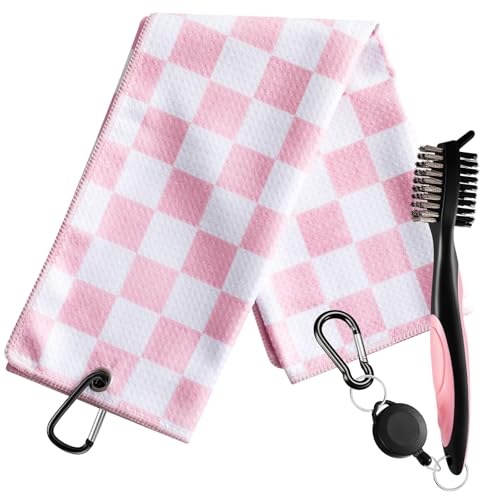 Liliful Woman Golf Accessories Kit Include 19.69 x 15.75 Inches Microfiber Waffle Golf Towel and Club Groove Cleaner Brush for Woman Gifts(Checked Pink)