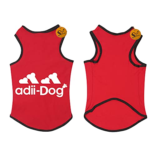 Image of Sage Square Set of 2, Comfort Cotton Dog T-Shirt, Sleeveless Vest for Dog Clothes, Puppy Tank Top Fashion Apparel (Black + Red) (Small - 14Inch)
