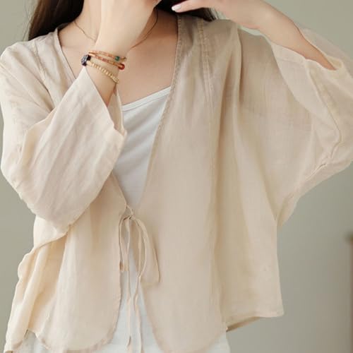 FindThy Women’s Tie Front Shrug Casual Sheer Linen V-Neck Long Sleeve Lightweight Oversized Bolero Cardigan3