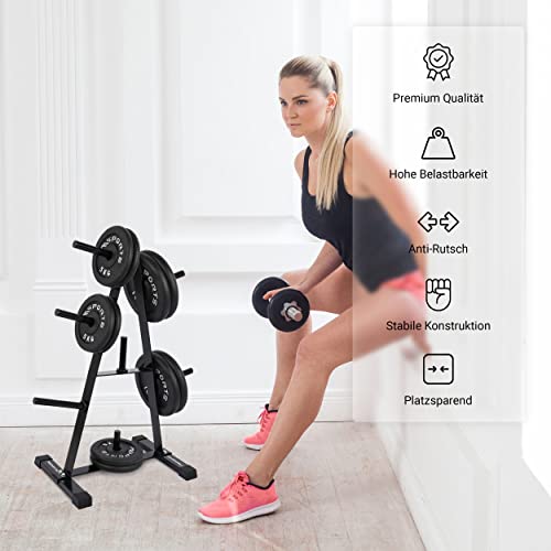 Sechs 22 cm lange Aufnahmestangen am MSPORTS Hantelbaum laden bis zu 12 Paare 30mm Hantelscheiben